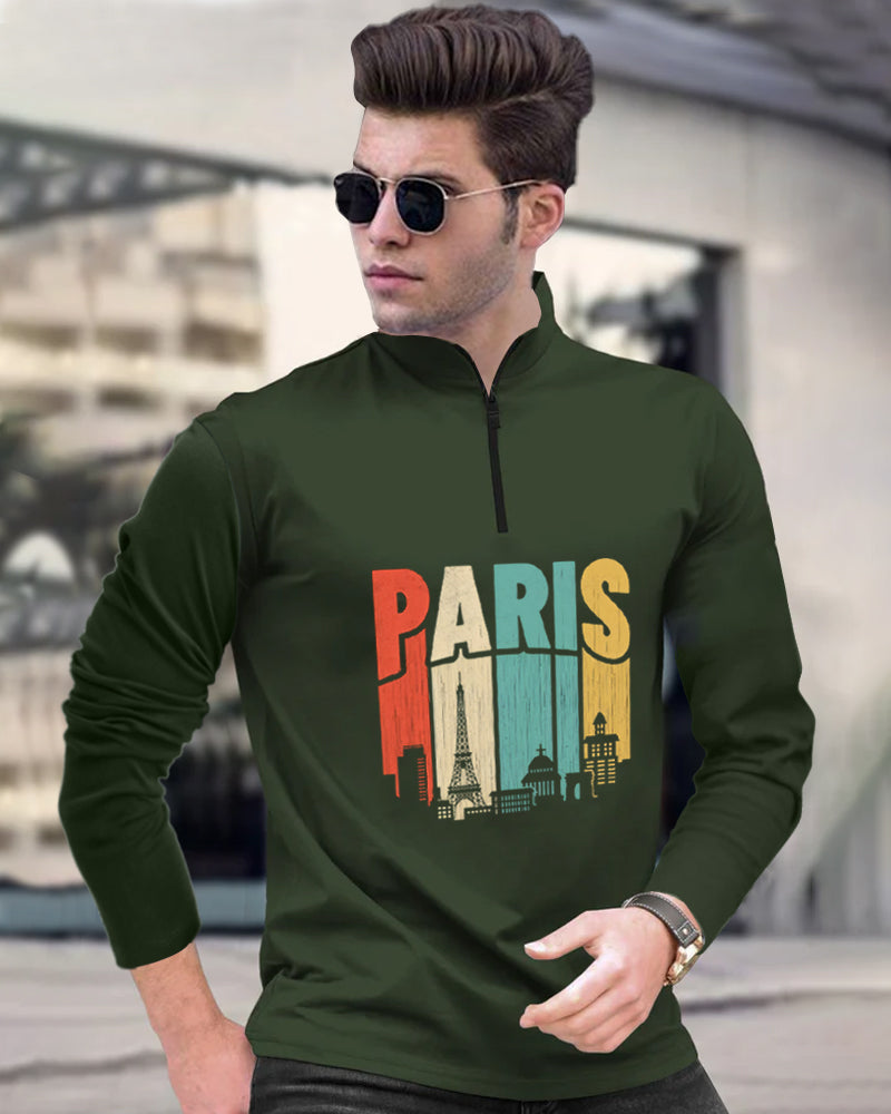 Paris Green Half Zippered High Neck Men's Full Sleeve T-Shirt-FRONT