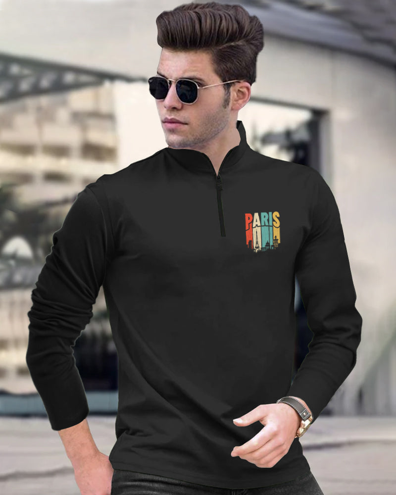 Paris small Black Half Zippered High Neck Full Sleeve Men's T-Shirt-FRONT