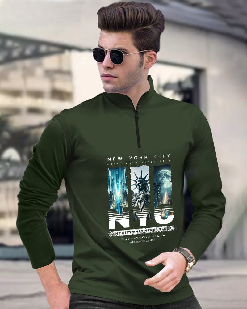 NYC Full small Green Half Zippered High Neck Men's Full Sleeve T-Shirt-FRONT