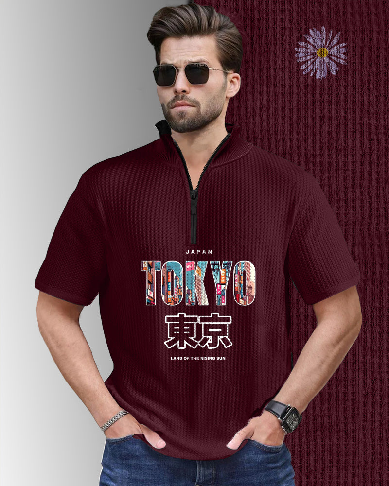 Tokyo Maroon Half Zippered High Neck Waffle Men's T-Shirt-FRONT