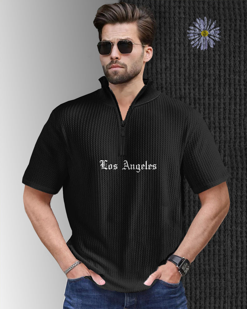 Los Angeles Black Half Zippered High Neck Waffle Men's T-Shirt-FRONT