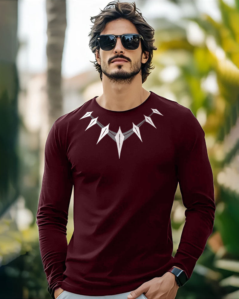 Maroon Chain Full Sleeve Round Neck Cotton blend Men's T-Shirt-FRONT