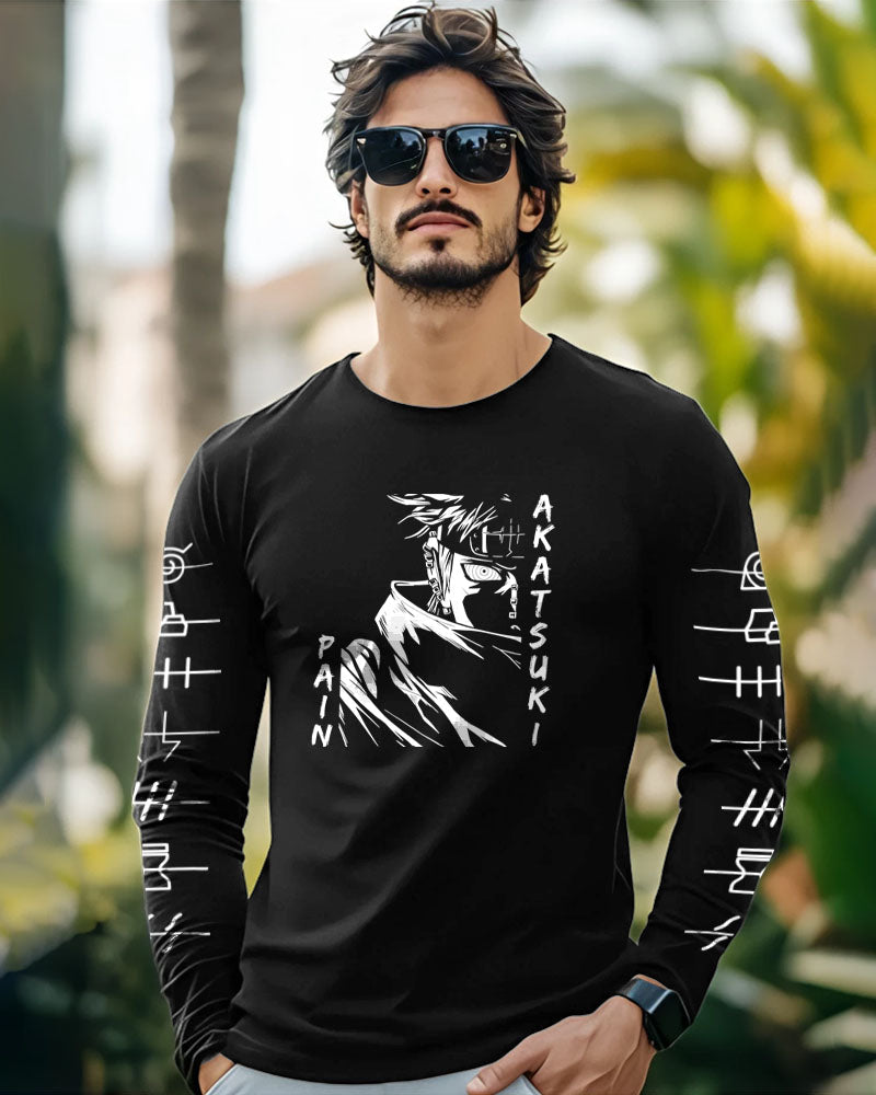 Black Akatsuki Full Sleeve Round Neck Cotton blend Men's T-Shirt-FRONT