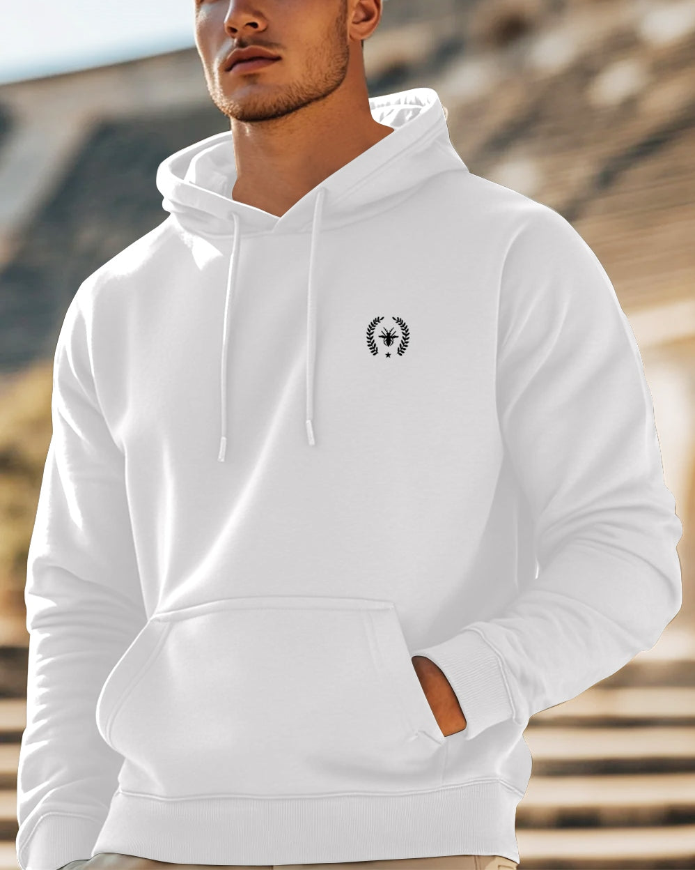 Logo Hooded Front Pocket Sweatshirt for Men-White-FRONT