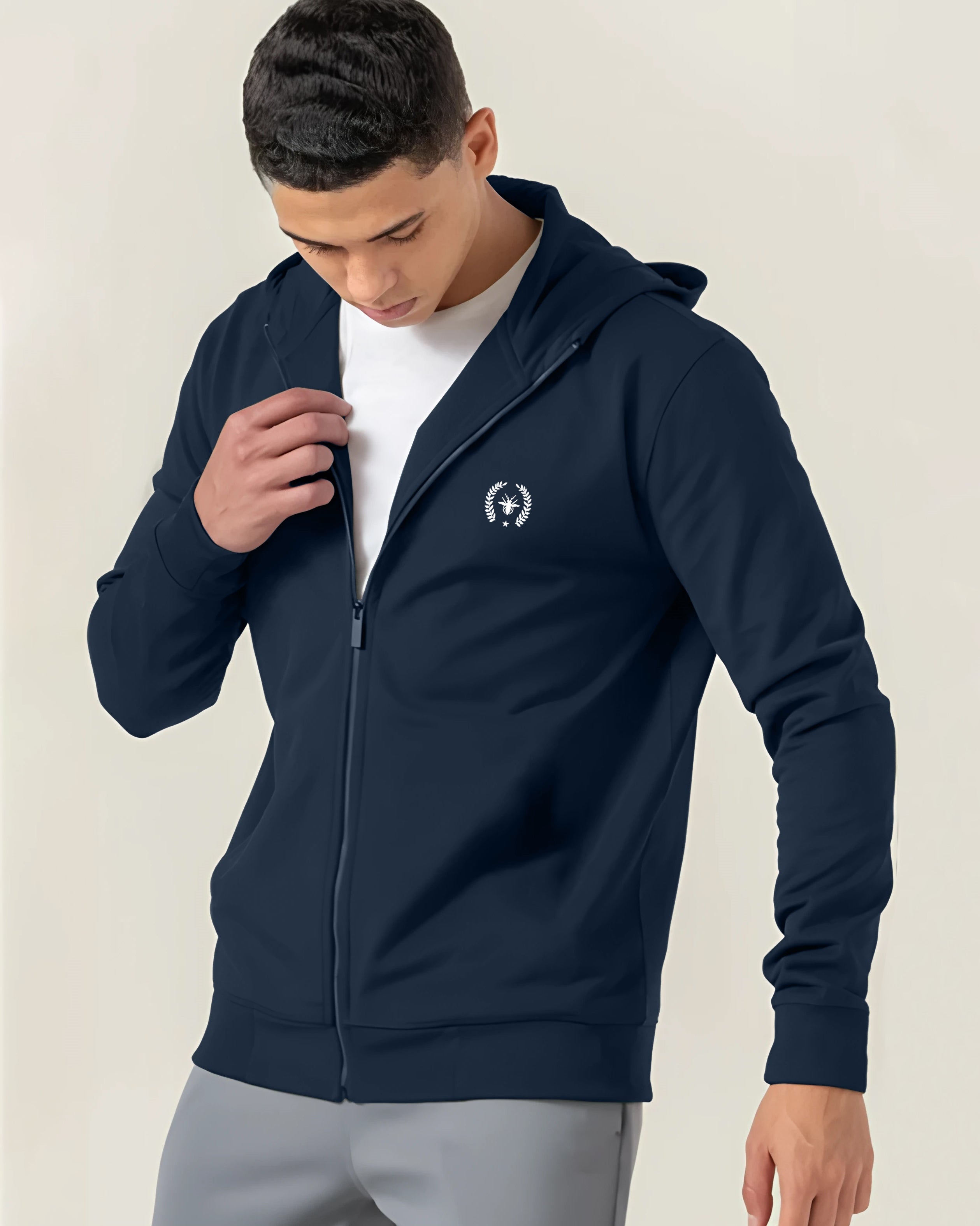 Logo Hooded Outer Jacket for Men-Navy Blue-FRONT