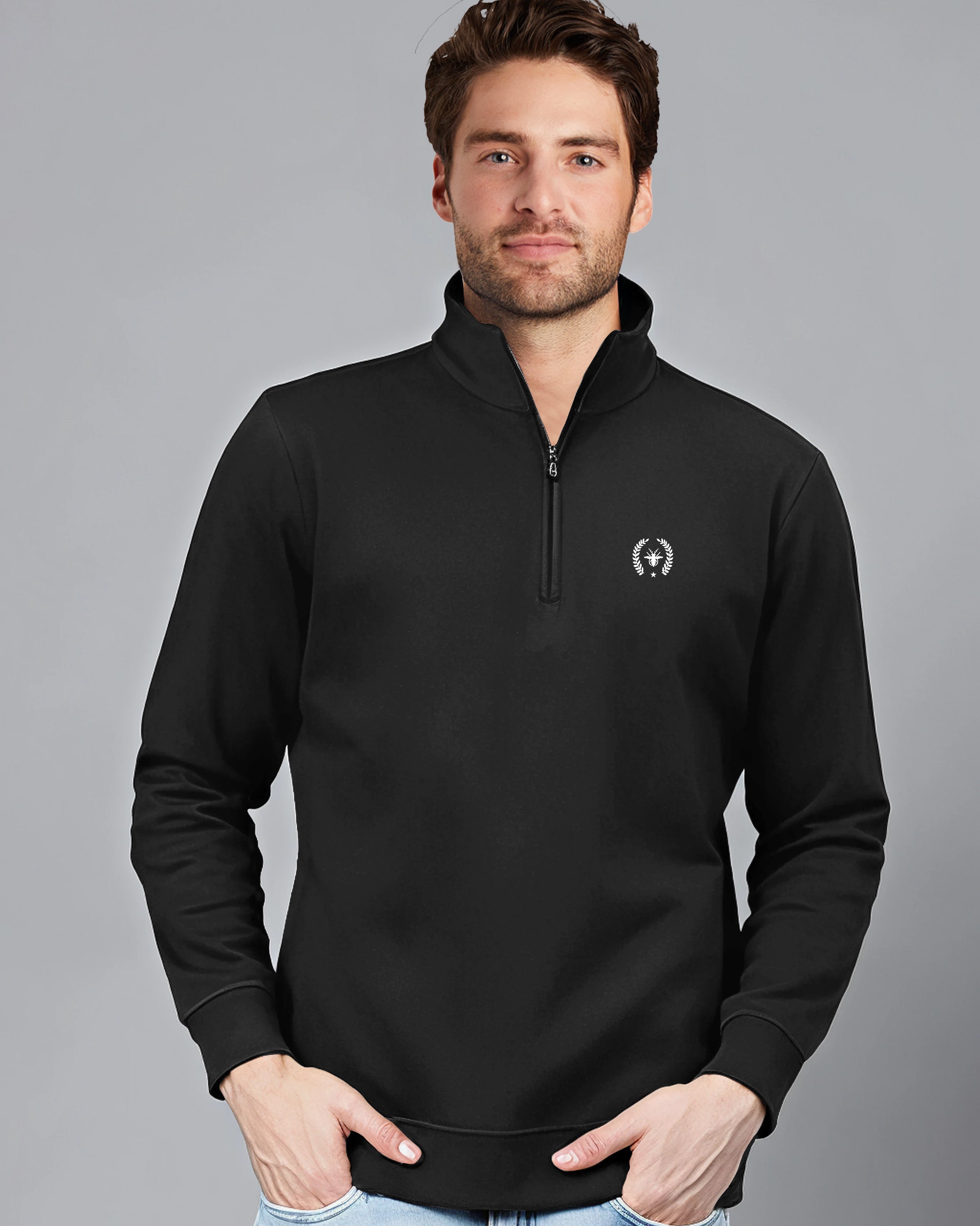 Logo Highneck Half Zipper for Men-Black-FRONT