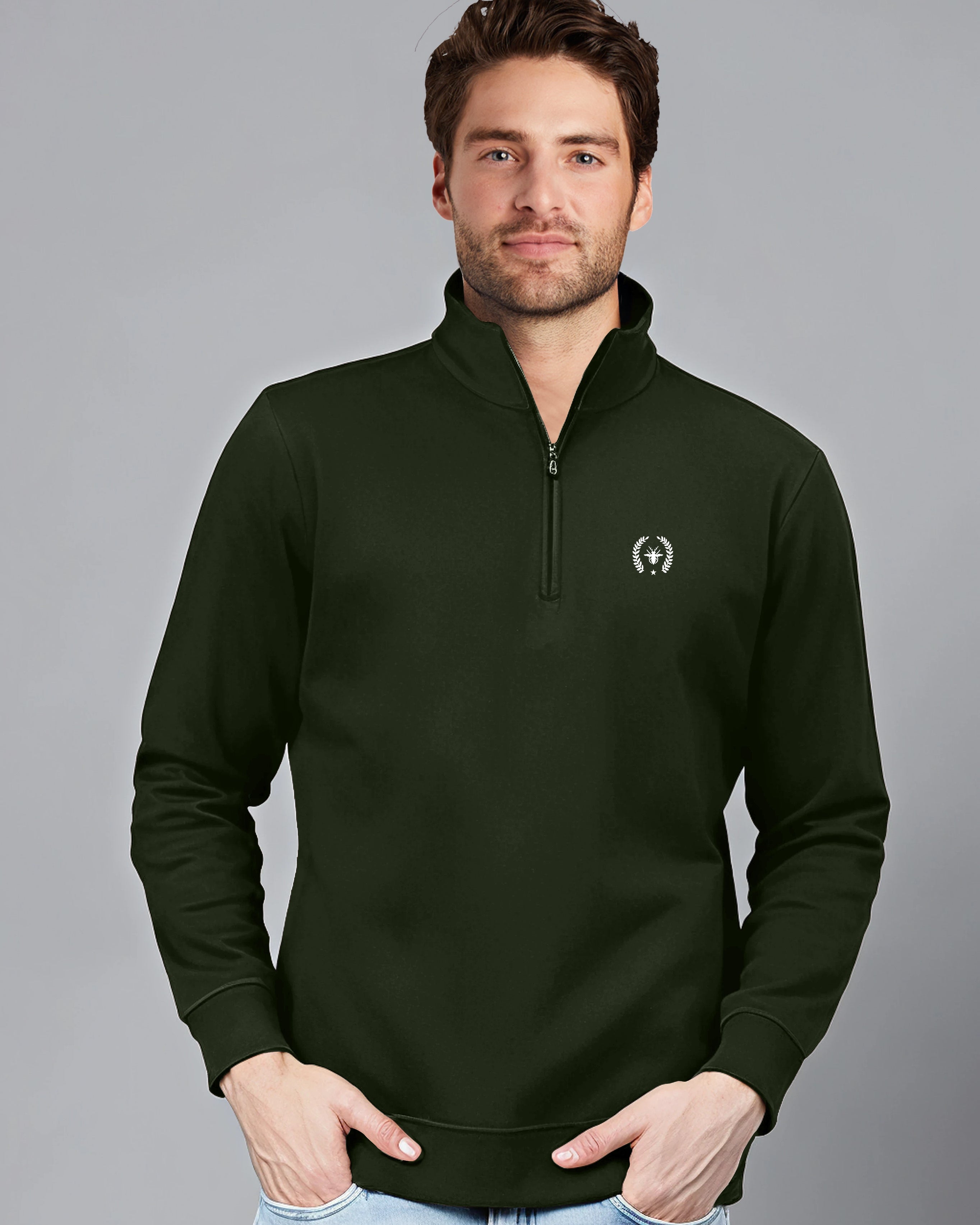 Logo Highneck Half Zipper for Men-Green-FRONT