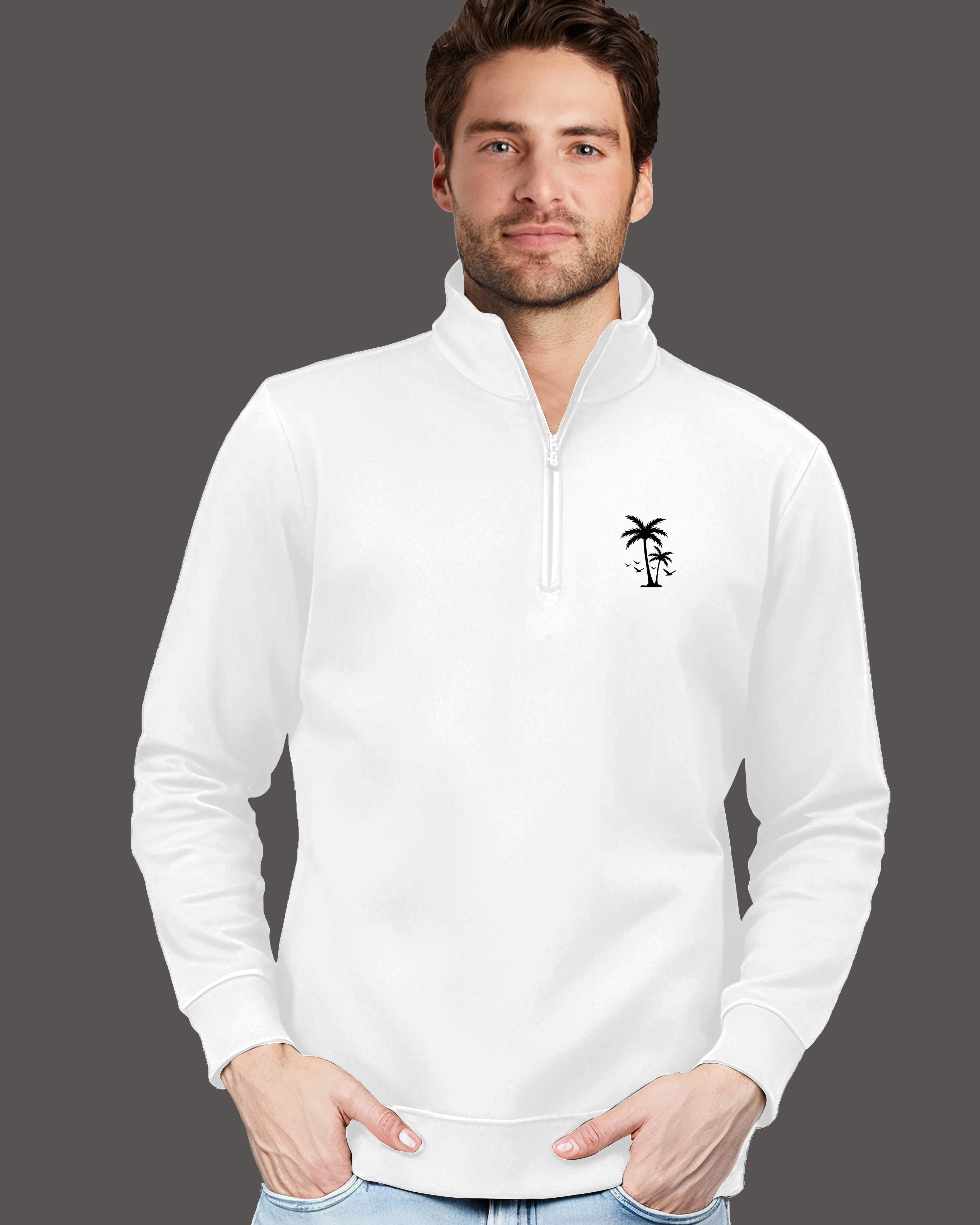 Palm Tree Highneck Half Zipper for Men-White-FRONT
