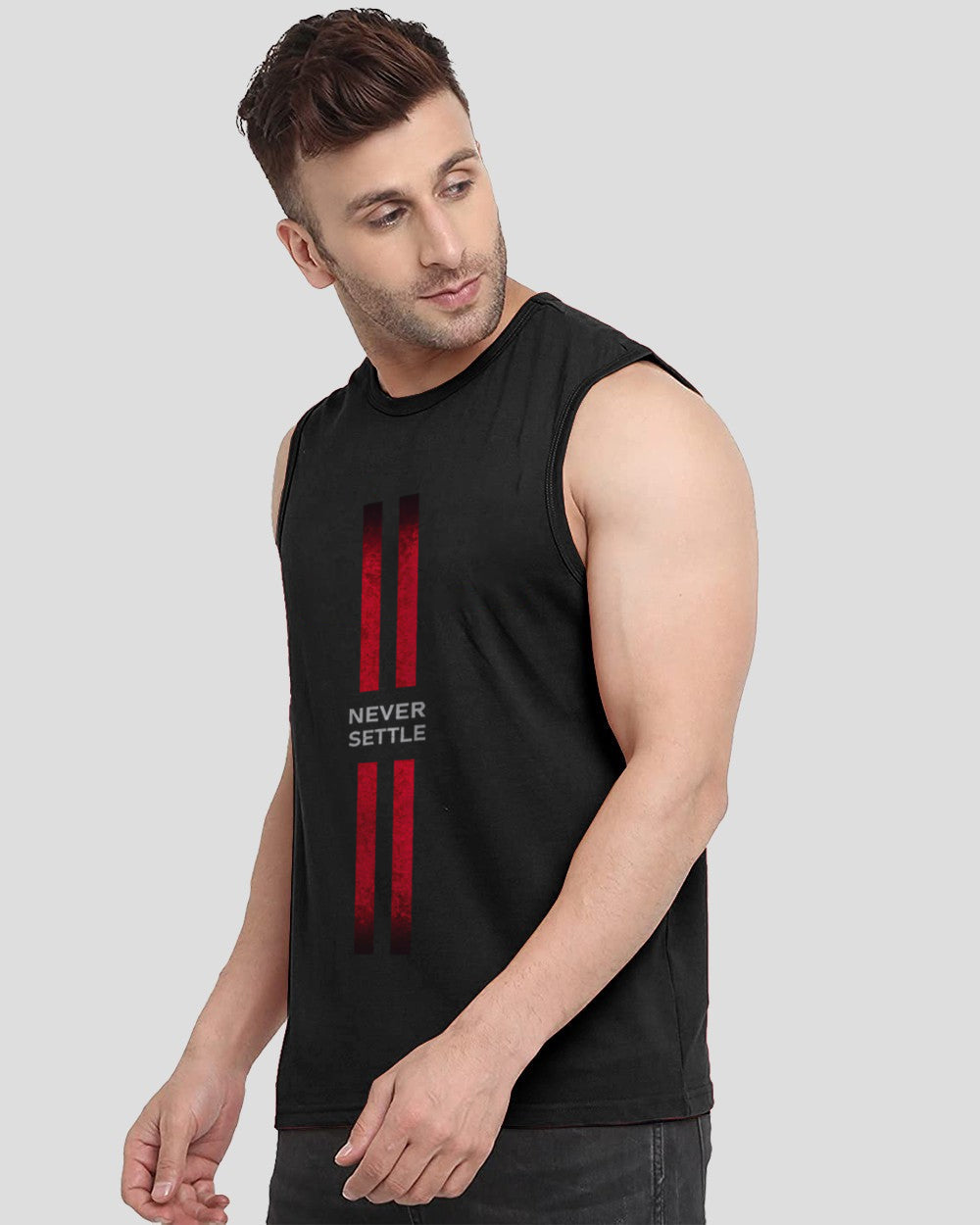 Never Settle Black Printed Men's Vests for Gyms: Stand Out in Style-SIDE