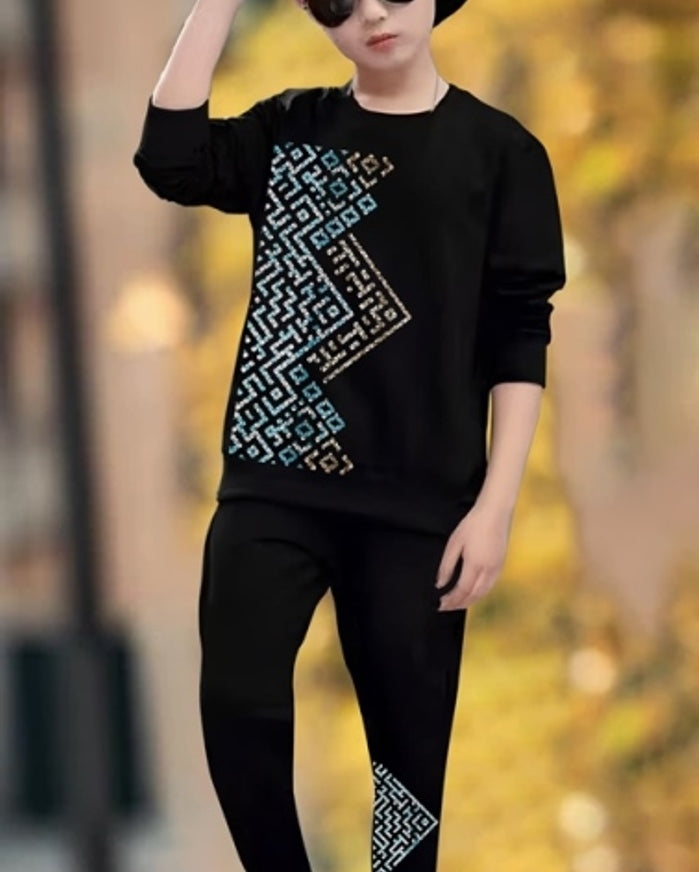 Black Cotton Blend Outfit for Boys: Top and Bottom Combo.-FRONT