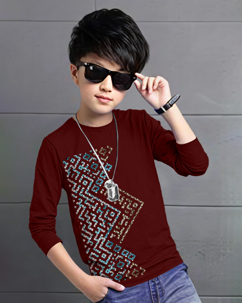 Boys Polka Printed Full Sleeve Solid T-Shirt-Maroon-FRONT