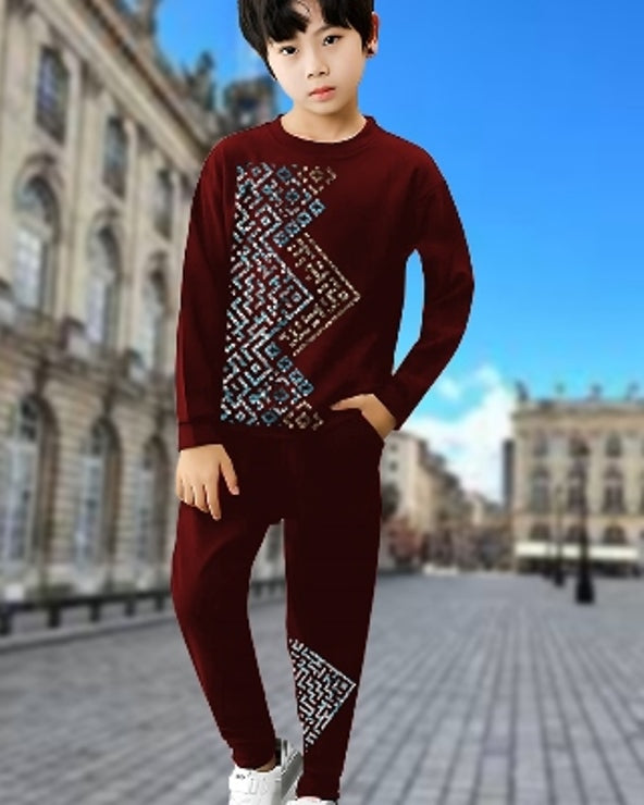 Maroon Cotton Blend Boys' Apparel: Stylish Top and Bottom Set.-FRONT