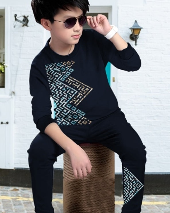 Navy Cotton Blend Boys' Co-Ord: Casual Top and Bottom Set.-FRONT