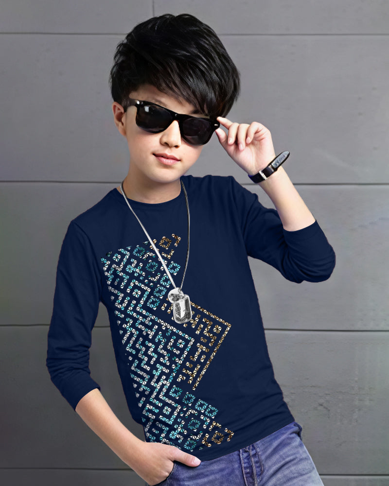 Boys Polka Printed Full Sleeve Solid T-Shirt-Navy Blue-FRONT