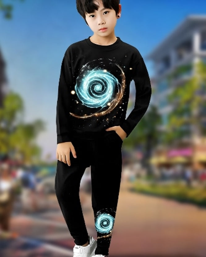 Boys' Black Digital Print Cotton Blend Outfit.-FRONT