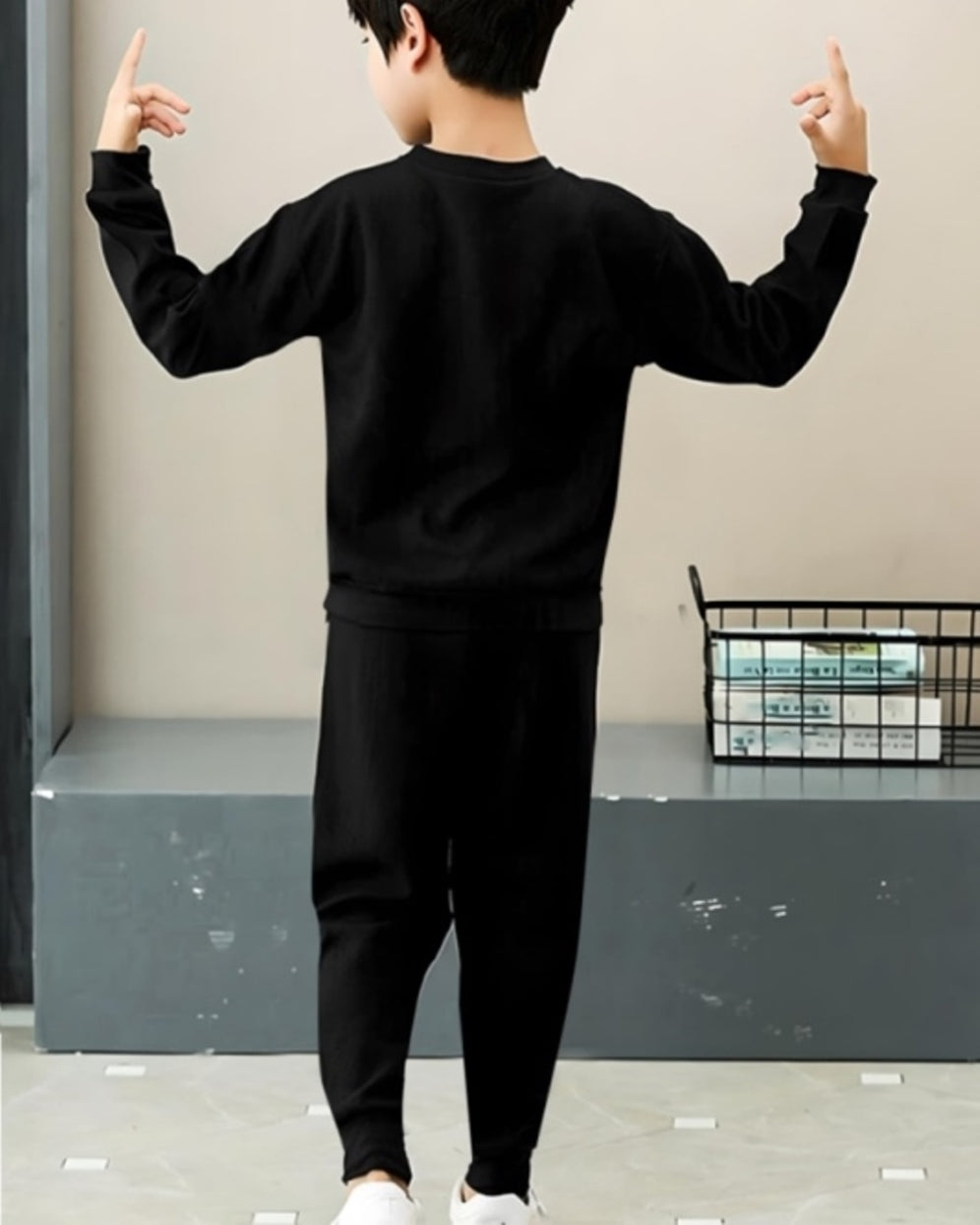 Boys' Black Digital Print Cotton Blend Outfit.-BACK