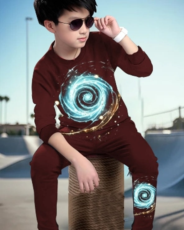 Maroon Digital Printed Cotton Blend Set for Boys.-FRONT
