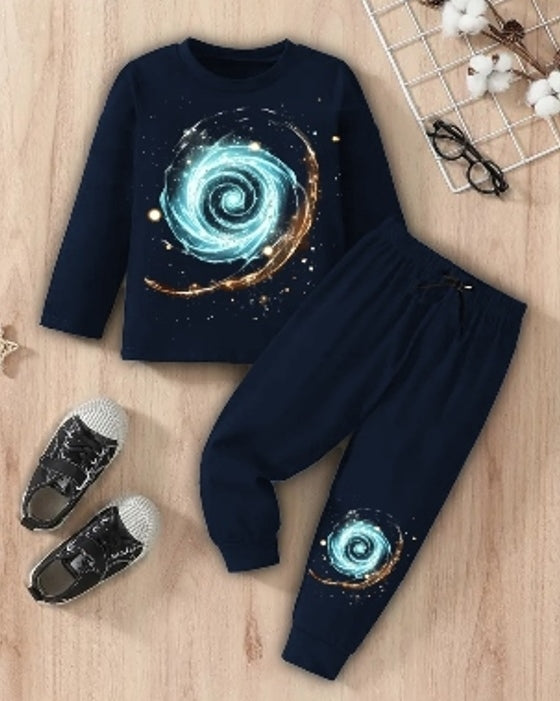 Navy and White Polka Dot Cotton Blend Boys' Matching Outfit.-FRONT