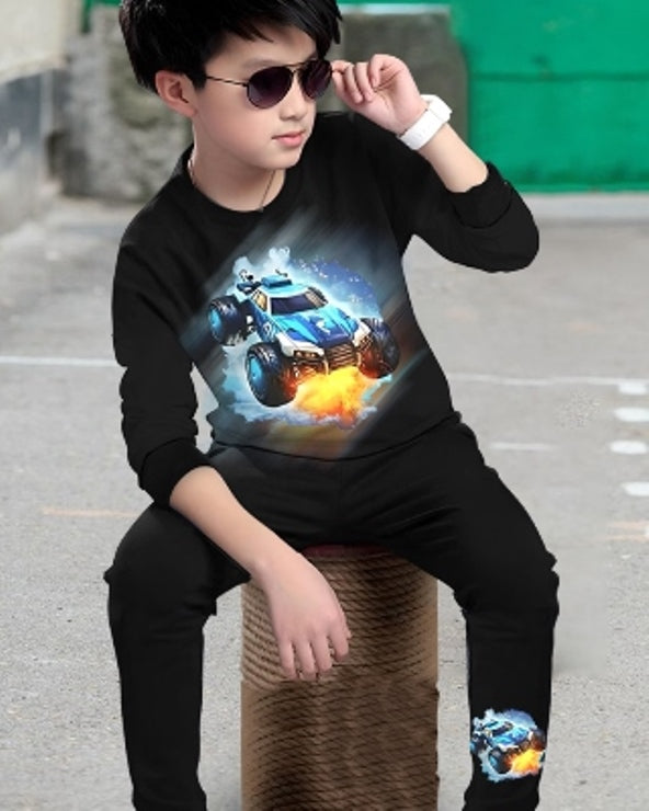 Boys' Black Racing Car Digital Print Matching Outfit.-FRONT