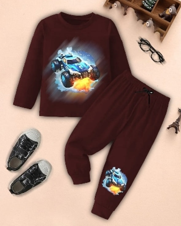 Maroon Racing Car Digital Printed Boys' Cotton Blend Set.-FRONT