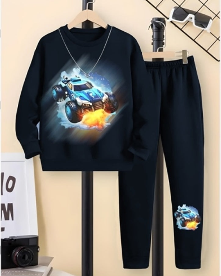 Navy Racing Car Digital Print Boys' Co-Ord Set.-FRONT