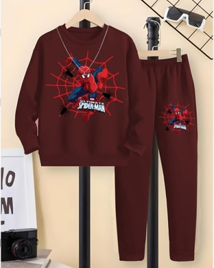 Boys' Maroon Spiderman Digital Print Coordinated Outfit.-FRONT