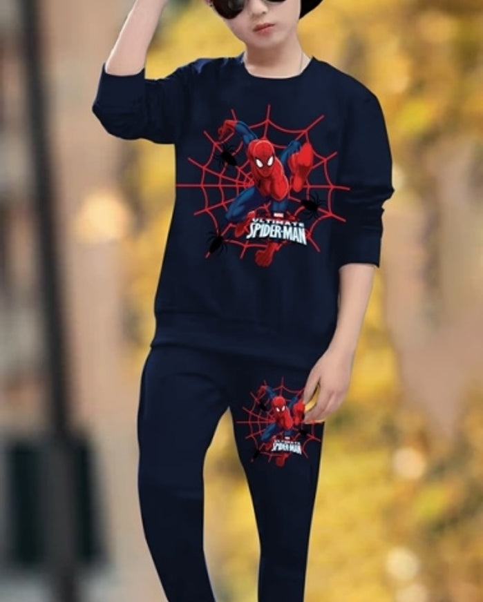 Black Spiderman Digital Printed Cotton Blend Set for Boys-FRONT