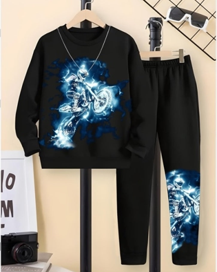 Black and SuperBike Digital Print Cotton Blend Set for Boys-FRONT