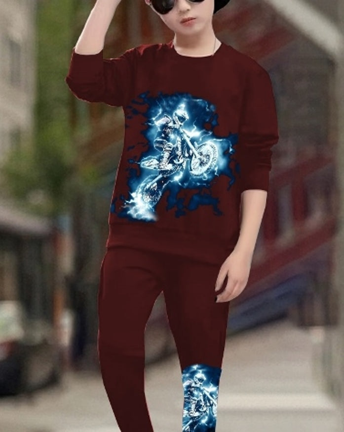 Boys' Maroon and Super Bike Digital Printed Two-Piece Outfit-FRONT