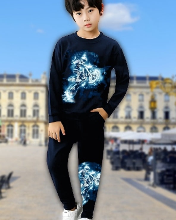 Navy Super Bike Digital Printed Cotton Blend Boys' Ensemble.-FRONT