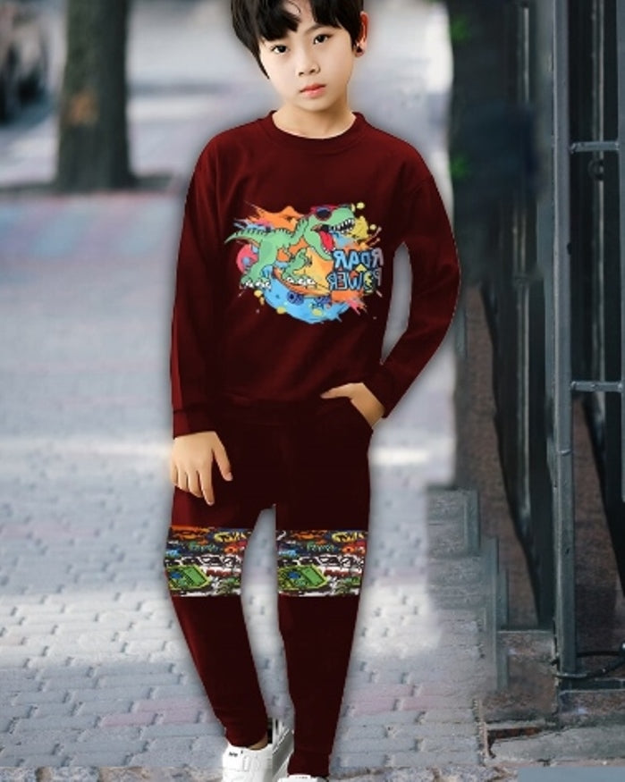 Maroon and Roar Power Digital Print Boys' Matching Outfit-FRONT