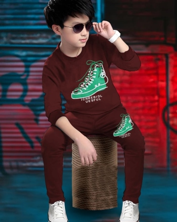 Maroon Green Shoe Digital Print Boys' Cotton Blend Set.-FRONT