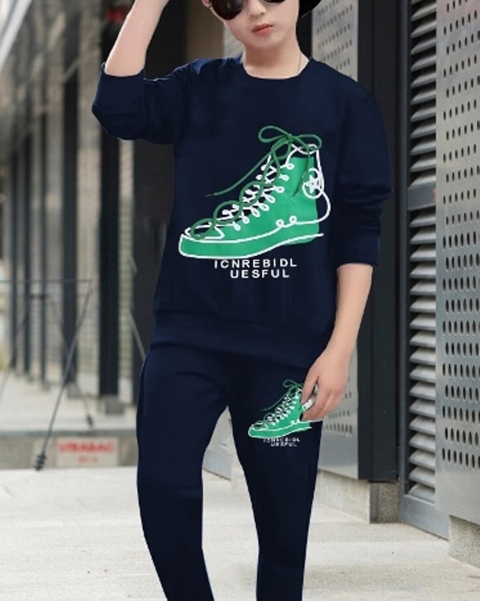 Navy Green Shoe Digital Print Boys' Coordinated Set.-FRONT