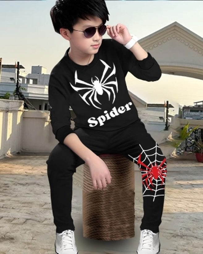 Black Spider Digital Printed Two-Piece Outfit for Boys-FRONT