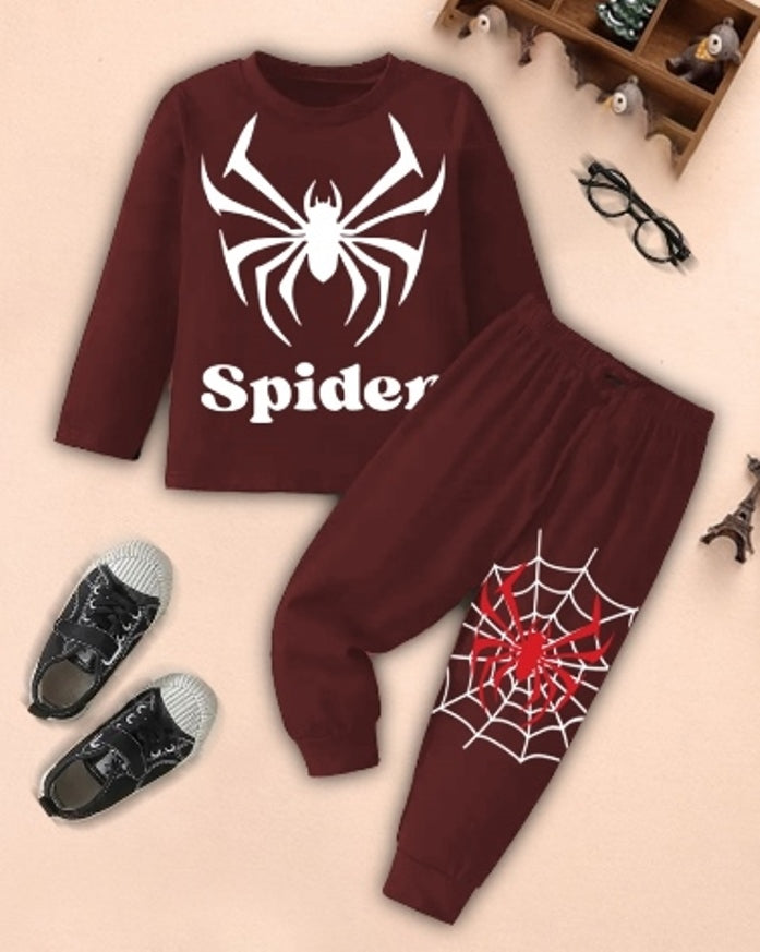 Boys' Maroon Spider Digital Print Cotton Blend Set.-FRONT