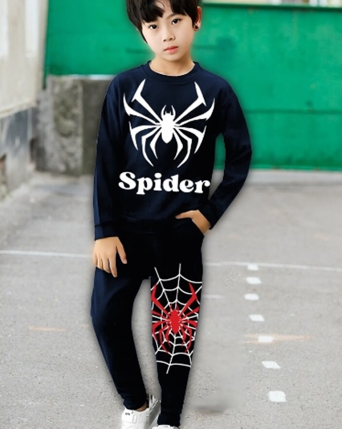 Navy Spider Digital Print Boys' Matching Cotton Blend Outfit.-FRONT