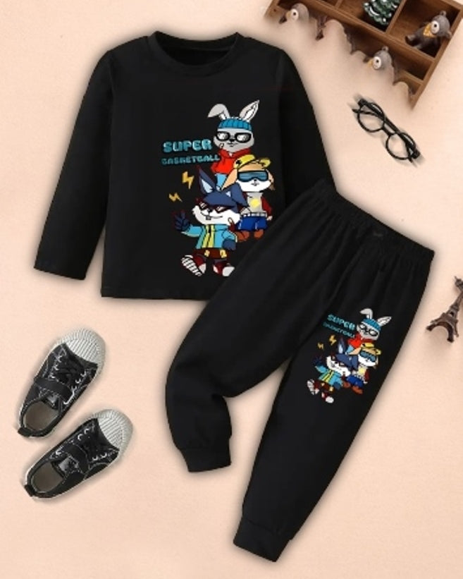 Black Super Basket Ball Printed Cotton Blend Two-Piece Set.-FRONT