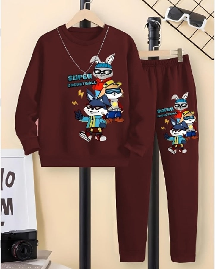 Maroon Super Basket Ball Digital Print Coordinated Boys' Outfit.-FRONT