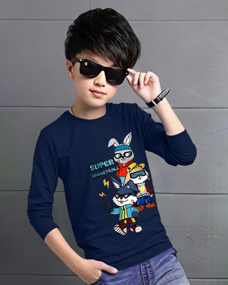 Navy Full Super Sleeve Round Neck Cotton blend Men's T-Shirt-FRONT