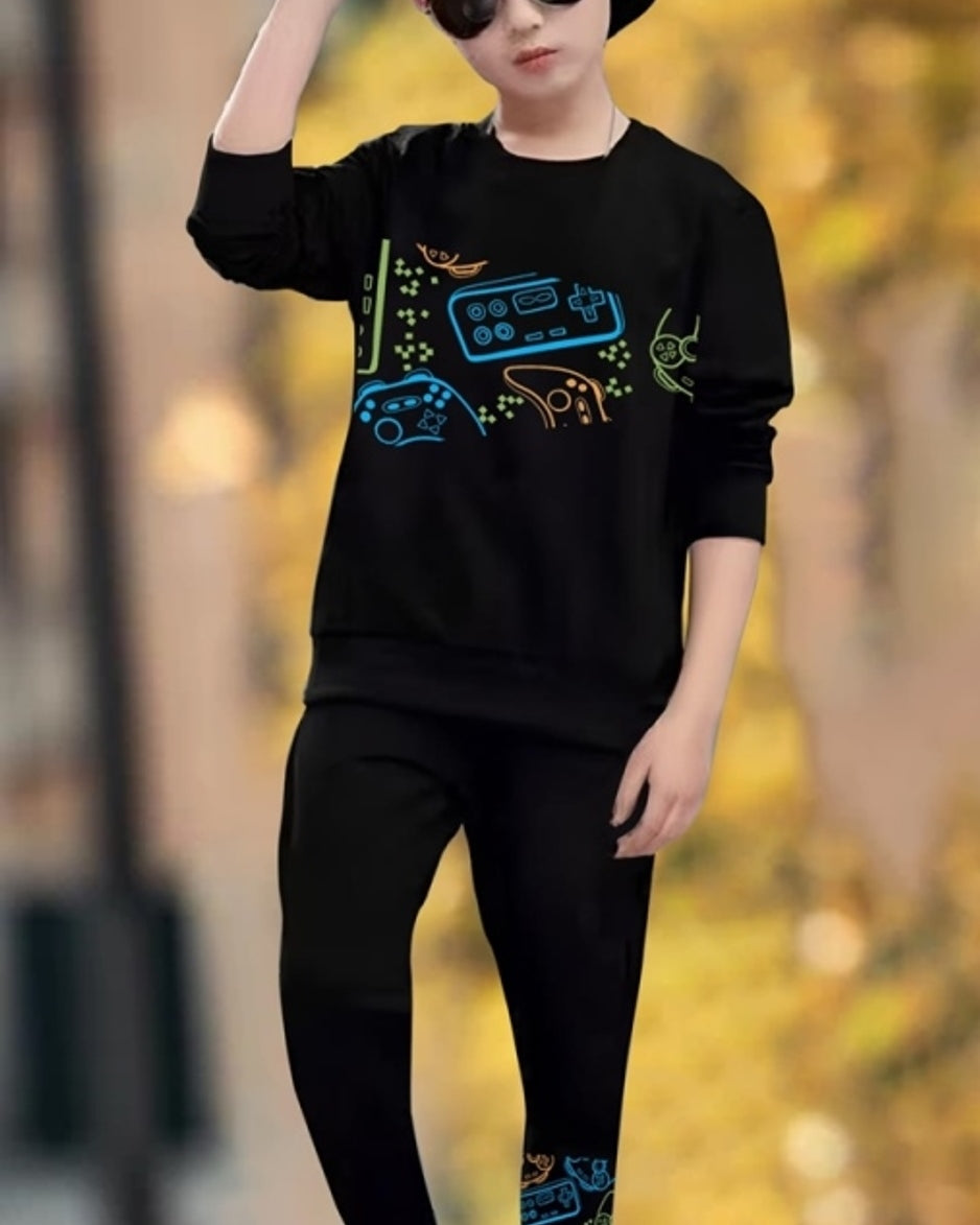 Boys' Black Gamepad Digital Print Cotton Blend Ensemble.-FRONT