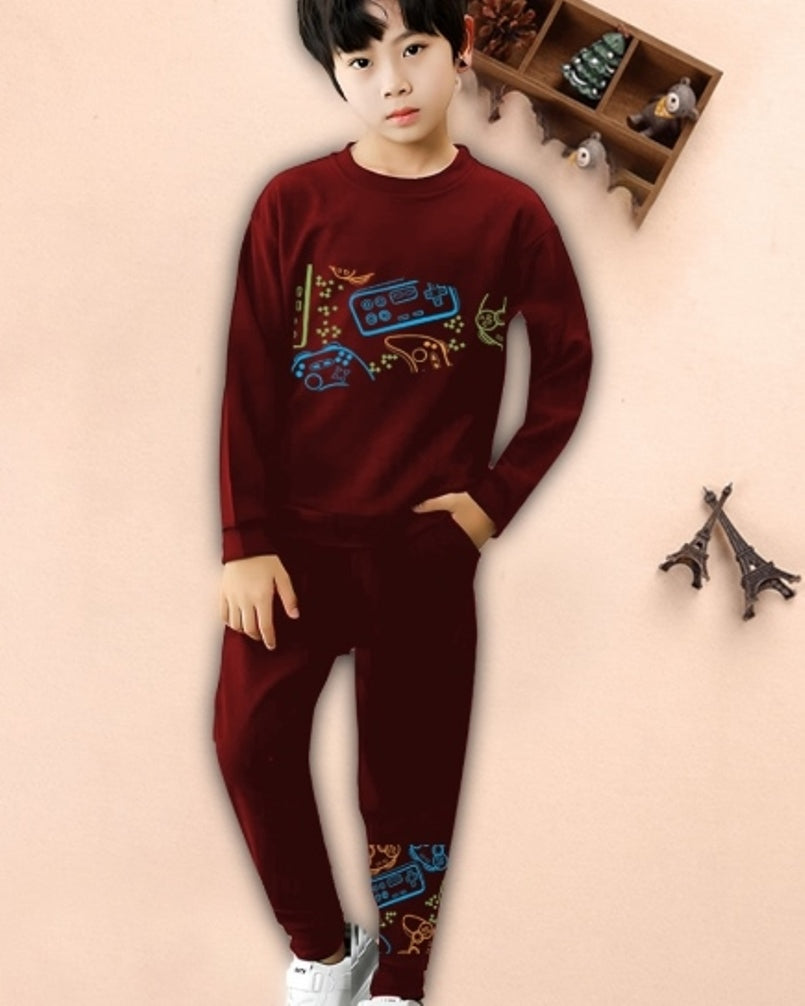 Maroon Gamepad Digital Printed Cotton Blend Two-Piece Set.-FRONT