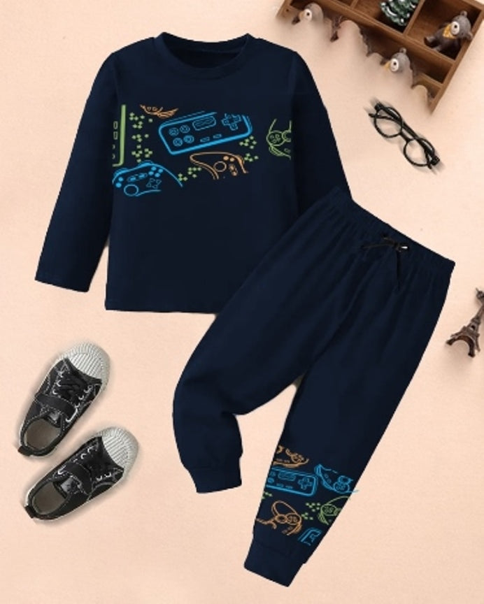Boys' Gamepad Navy Digital Print Cotton Blend Outfit.-FRONT