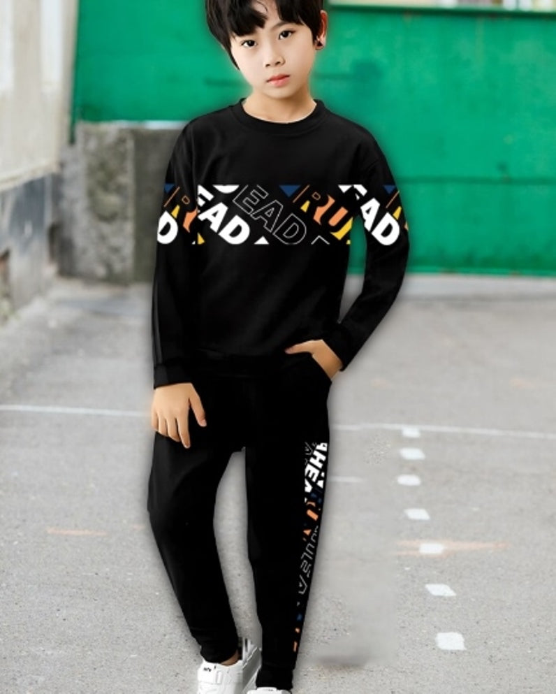 Black Ahead Digital Printed Boys' Cotton Blend Ensemble.-FRONT