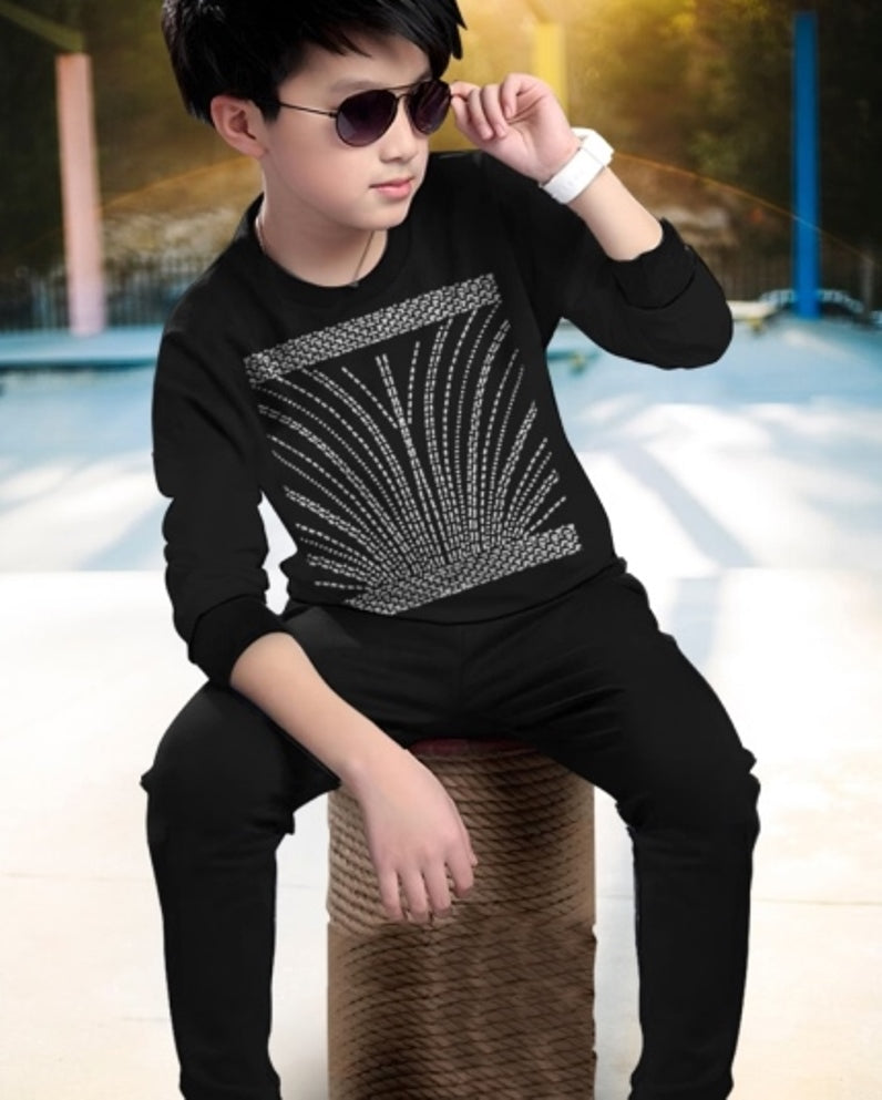 Boys' Black Rain Digital Print Cotton Blend Matching Set.-FRONT