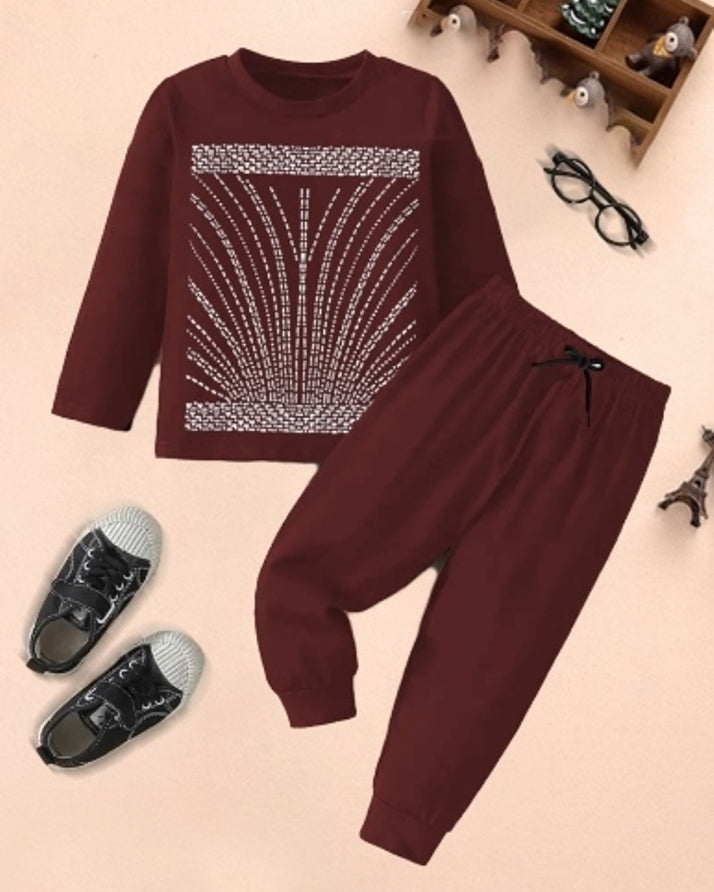 Maroon Rain Digital Print Cotton Blend Outfit for Boys.-FRONT