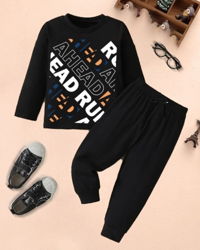Boys' Black Run Ahead Digital Print Cotton Blend Two-Piece Set-FRONT