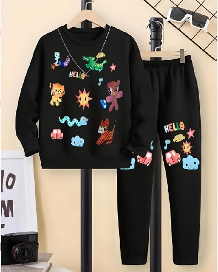 Black Animal Frenzy Digital Print Cotton Blend Two-Piece Set.-FRONT