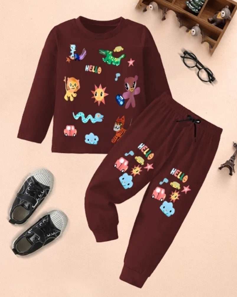 Boys' Maroon Animal Frenzy Digital Printed Cotton Blend Outfit-FRONT