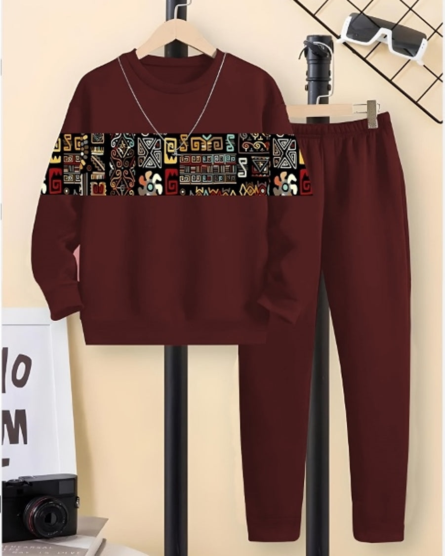 Maroon Colored Tiles Digital Print Boys' Matching Cotton Blend Outfit.-FRONT