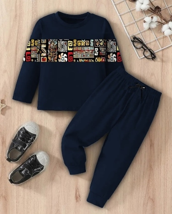 Navy Colored Tiles Digital Print Boys' Cotton Blend Outfit.-FRONT